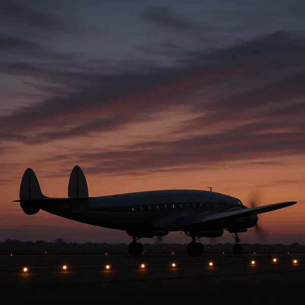 Discover a puzzle with a vintage airplane silhouetted on a runway against a glowing sunset sky.
