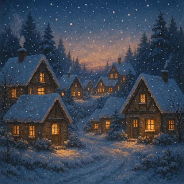 Discover a puzzle with a cozy winter village scene: snow‑topped cottages nestled among dark pine trees at dusk, their warm golden windows glowing against a deep