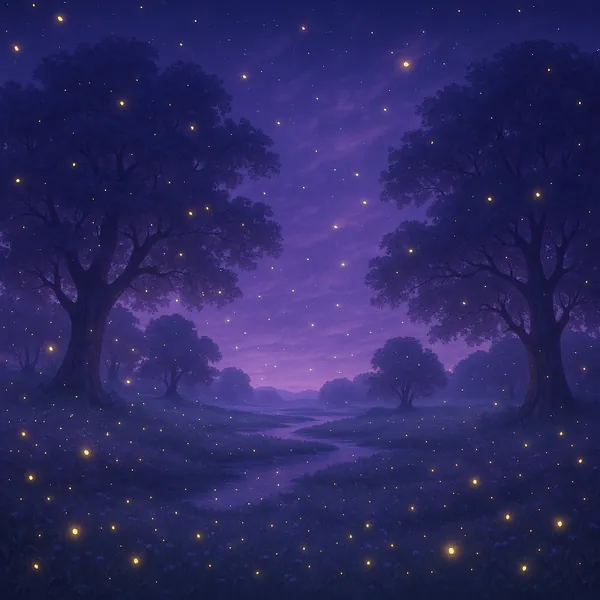 Discover a puzzle with a dreamy twilight meadow under a starry indigo sky, where tall, shadowed trees frame a winding stream and a soft haze of lilac clouds.