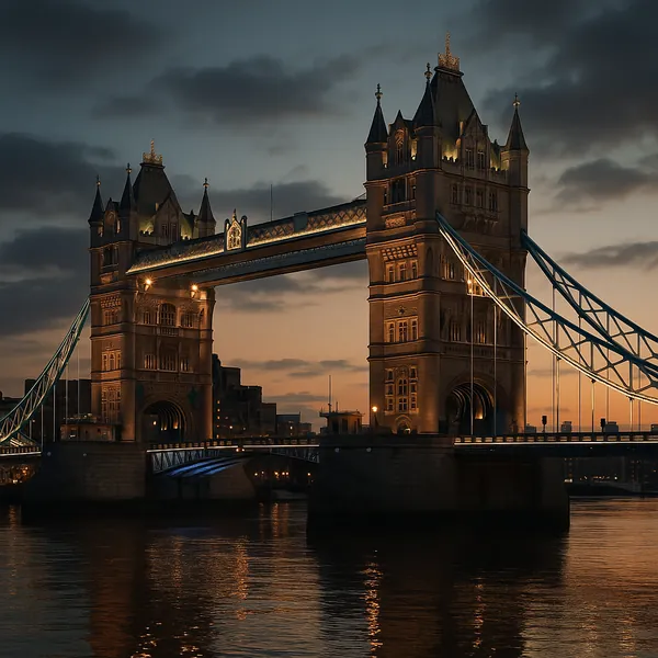 Discover a puzzle with a twilight view of Tower Bridge in London, where the warm golden floodlights trace the stone towers and steel cables against a deepening
