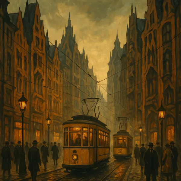 Enjoy assembling a puzzle depicting a nostalgic city street with two vintage trams gliding between towering, Gothic-style buildings.