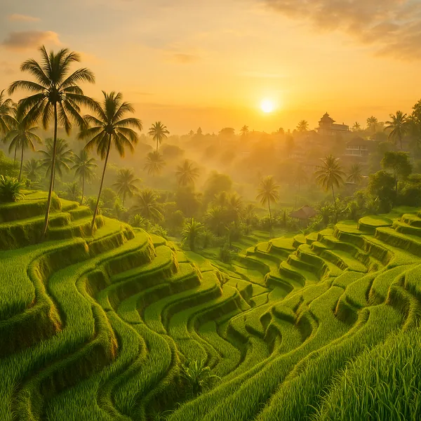 Discover a puzzle with sunlit rice terraces cascading in vibrant layers of green beneath a warm golden sunrise.