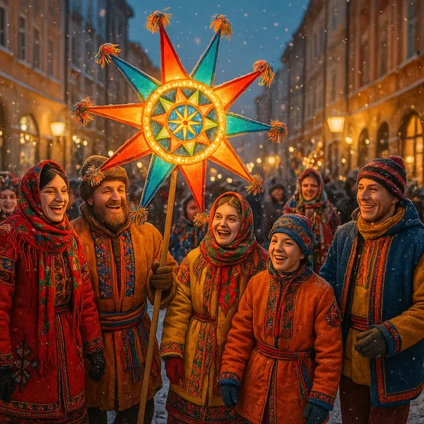 Discover a puzzle with a lively winter street scene of smiling carolers in richly patterned coats and scarves, gathered around a glowing, star-shaped lantern.