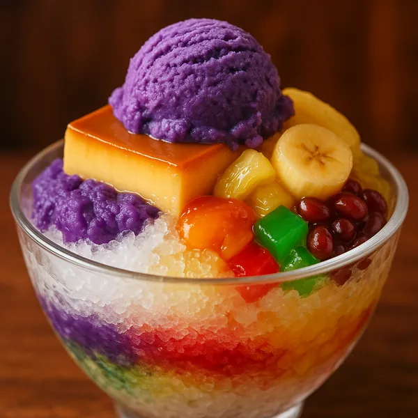Enjoy assembling a puzzle depicting a vibrant glass bowl of shaved ice topped with a scoop of vivid purple ube ice cream, a glossy caramel-topped leche flan, ba