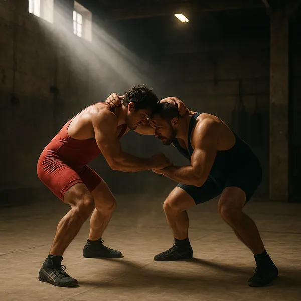 Ta puzzle online przedstawia dramatyczną scenę sportową dwóch zapaśników w bliskim uścisku, idealną dla fanów atletyki i fotografii akcji.