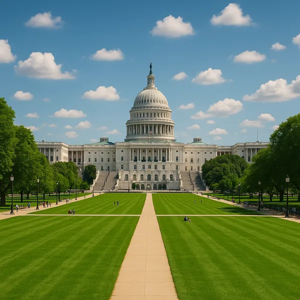 Discover a puzzle with a grand neoclassical dome set against a bright blue sky dotted with fluffy white clouds.