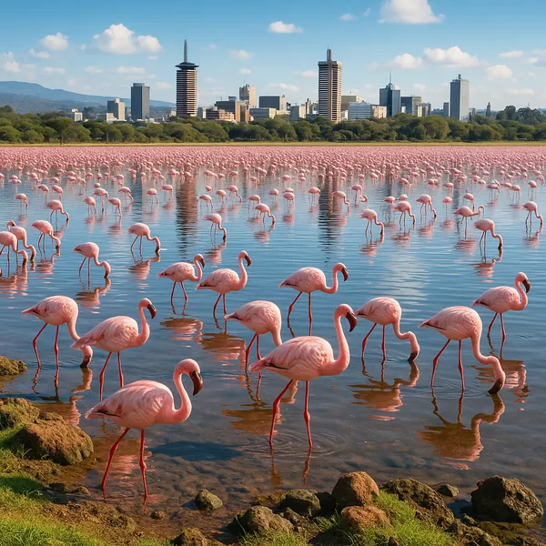 Discover a puzzle with a stunning flock of pink flamingos wading in calm, reflective waters against a distant city skyline.