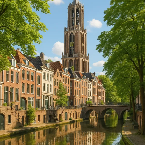 Discover a puzzle with a sunlit canal lined by historic brick townhouses, an elegant arched bridge, and a soaring Gothic tower rising against a soft blue sky.
