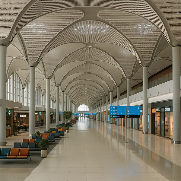 Discover a puzzle with a serene airport terminal interior featuring sweeping vaulted ceilings and a rhythmic row of white columns that draw the eye toward a dis