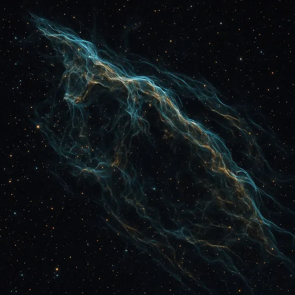 Discover a puzzle with a mesmerizing cosmic scene: delicate, wispy filaments of turquoise and warm gold drift across a deep, star-speckled black sky, forming an