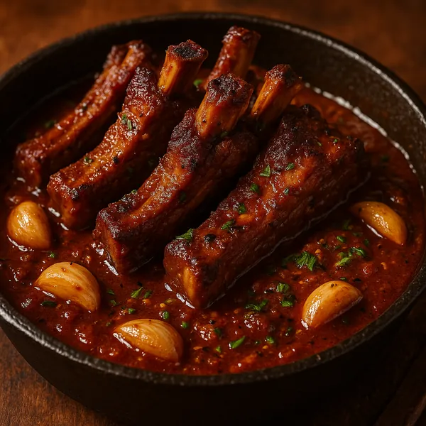 Discover a puzzle with a close-up of richly glazed pork ribs nestled in a deep, tomato-red sauce studded with whole roasted garlic cloves and flecks of fresh pa