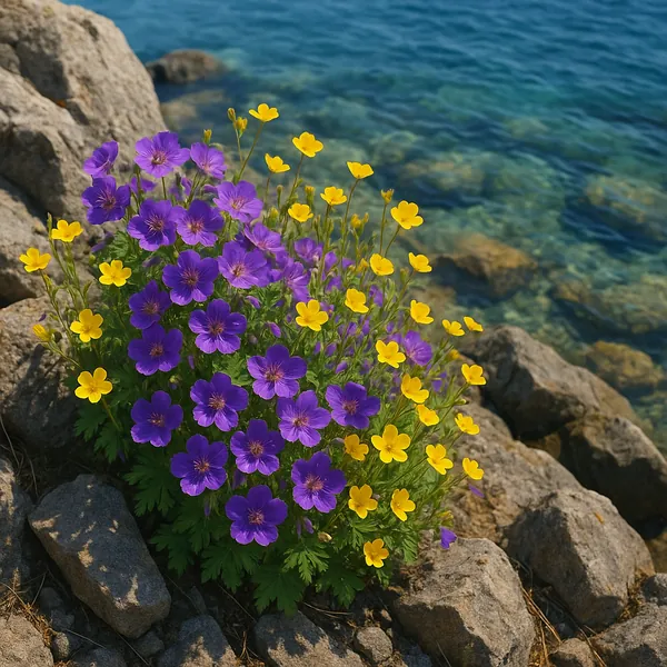 Discover a puzzle with a bright cluster of purple and yellow wildflowers growing among sunlit coastal rocks beside crystal-clear blue water — perfect for a rela