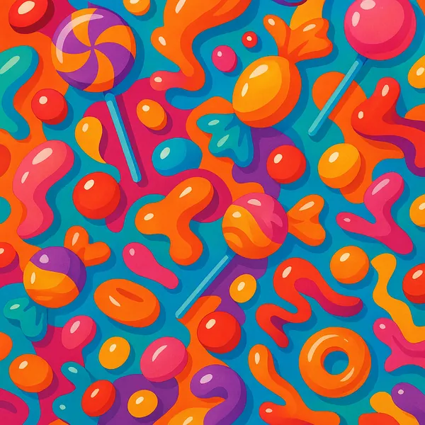 Enjoy assembling a puzzle depicting a bright, playful candy pattern filled with lollipops, wrapped sweets and abstract gummy-like blobs.