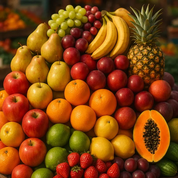 Enjoy an online jigsaw puzzle designed for browser play, featuring a vibrant still life of fresh fruits piled like a colorful market display.