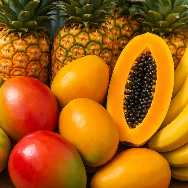 Enjoy an online jigsaw puzzle designed for browser play, featuring a vibrant still life of tropical fruit.
