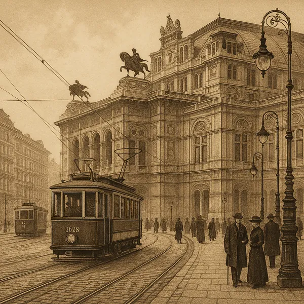 Discover a puzzle with a sepia‑toned, vintage city scene featuring a classic tram gliding along curved tracks past an ornate, neoclassical opera house topped wi