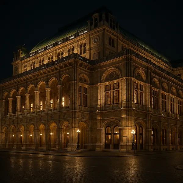 Discover a puzzle with a grand, historic stone building bathed in warm golden light against a deep night sky.