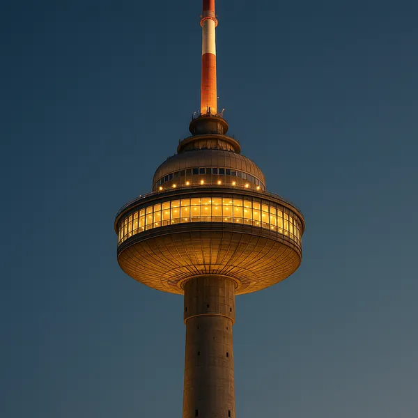 Discover a puzzle with a glowing observation tower rising into a clear twilight sky, its circular deck bathed in warm golden lights against deep blue evening.