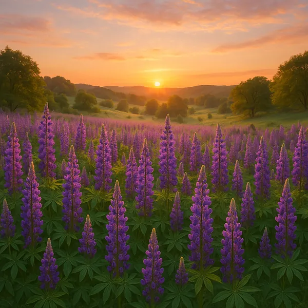 Discover a puzzle with a sweeping field of purple lupines basking in the warm glow of a golden sunset.