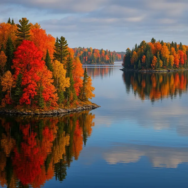 Enjoy an online jigsaw puzzle designed for browser play, featuring a serene autumn landscape of islands and lake reflections.