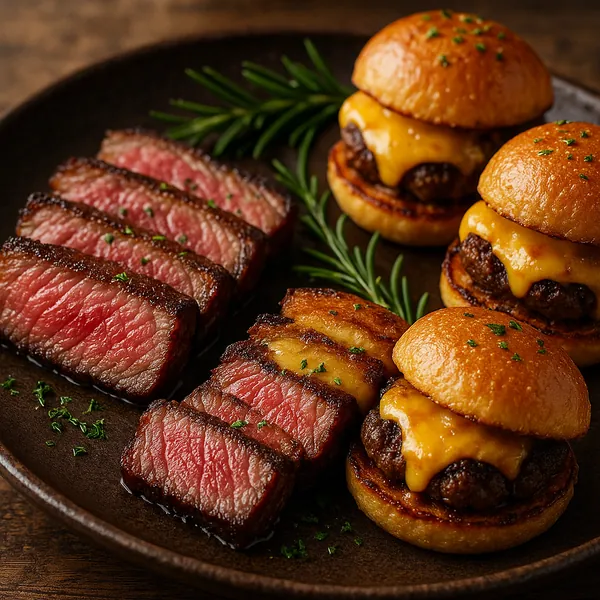 Enjoy assembling a puzzle depicting a delicious close-up of perfectly seared steak slices and mini cheeseburger sliders on a rustic dark plate.