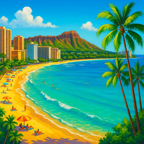 Discover a puzzle with a sunlit tropical beach scene featuring turquoise waves, golden sand, and a line of colorful umbrellas beside sparkling ocean water.