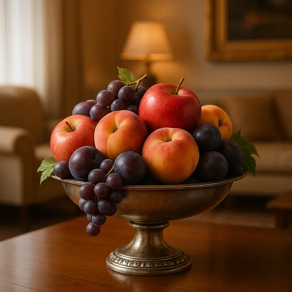 This online jigsaw puzzle features a warm still-life of fruit arranged in an elegant bowl, perfect for lovers of food and classic home decor.