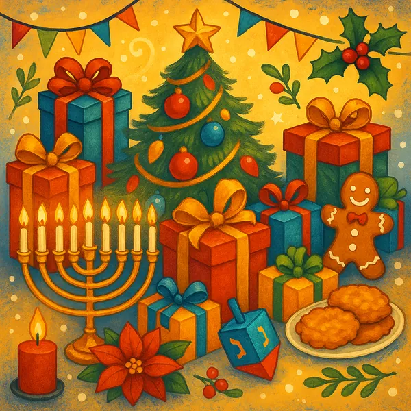 Enjoy an online jigsaw puzzle designed for browser play, featuring a warm, festive holiday scene that blends Christmas and seasonal celebration motifs.