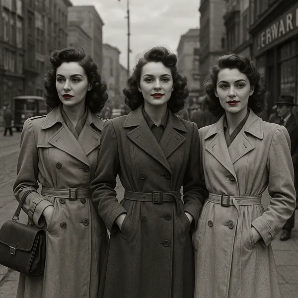 Discover a puzzle with three elegantly dressed women standing shoulder to shoulder on a vintage city street, their tailored trench coats and softly curled hairs
