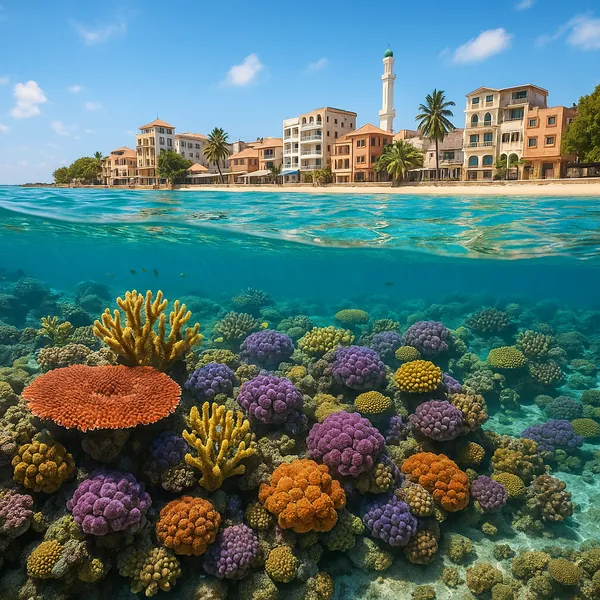 Discover a puzzle with a stunning split-view of a sunlit seaside town above and a vibrant coral reef below.