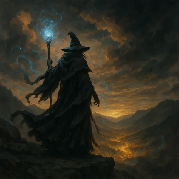 Discover a puzzle with a lone cloaked wizard standing on a cliff, staff aglow with swirling blue light against a brooding sky.