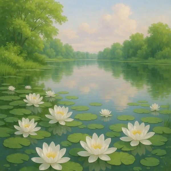 Enjoy assembling a puzzle depicting a tranquil lily-strewn lake at dawn.