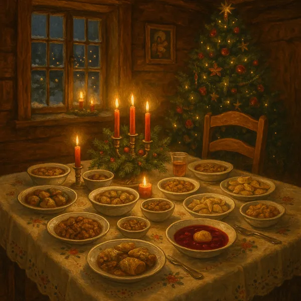 Enjoy assembling a puzzle depicting a cozy holiday feast set in a timber cabin, with a candlelit table laid out with many bowls of traditional dishes, a glowing