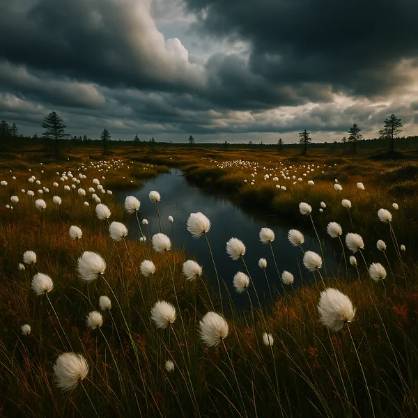 Discover a puzzle with a moody marshland scene where fluffy white cotton‑grass dots golden brown peat and frames a dark, reflective stream under a dramatic stor