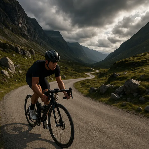 Enjoy an online jigsaw puzzle designed for browser play, featuring an outdoor sports scene of a cyclist riding through a mountainous landscape.