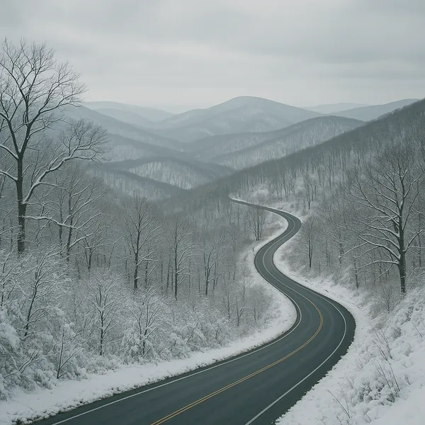 Enjoy an online jigsaw puzzle designed for browser play, featuring a serene winter landscape and a winding road cutting through snow-dusted hills.