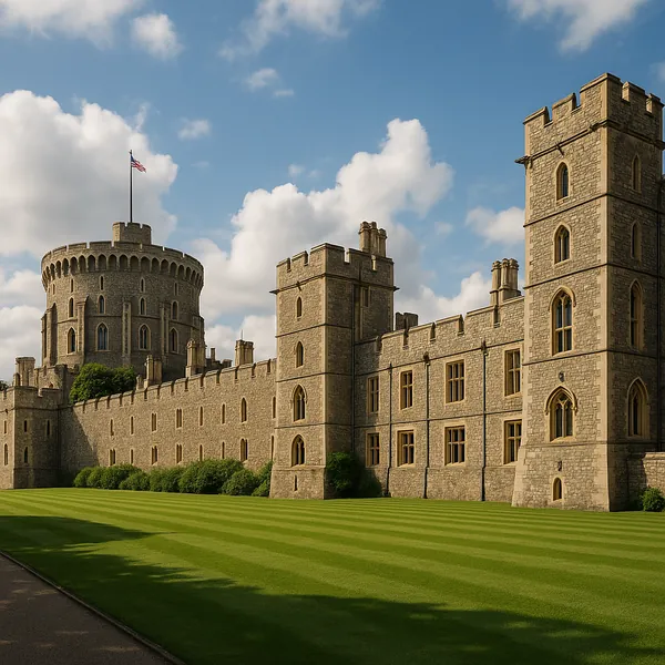 Discover a puzzle with a grand stone castle and round keep basking in golden sunlight, set against a bright blue sky dotted with fluffy white clouds.