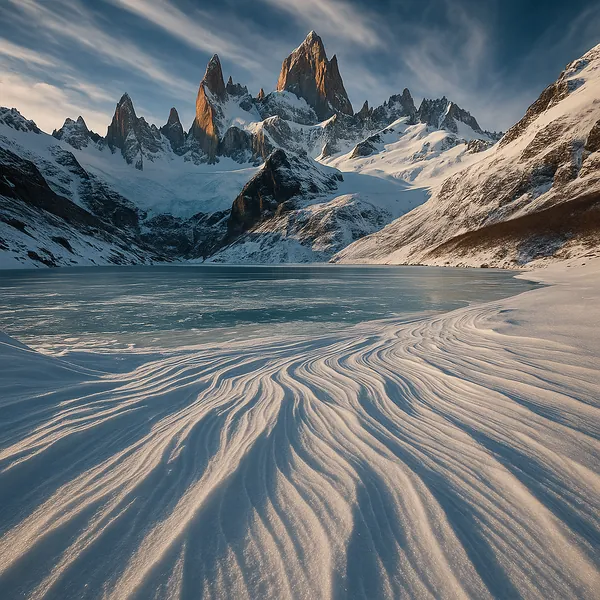 Discover a puzzle with a dramatic winter landscape showing jagged, sunlit mountain peaks rising above a glassy, partially frozen lake and sweeping, rippled snow
