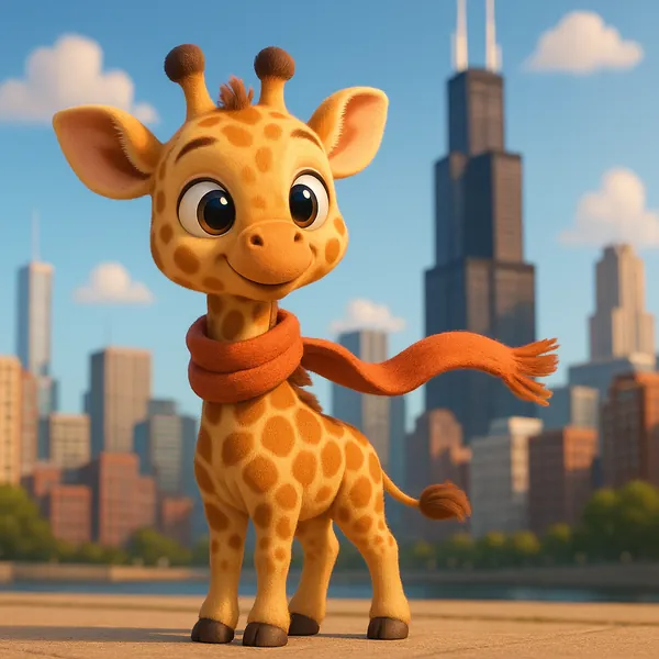Discover a puzzle with an adorable cartoon baby giraffe wearing a cozy orange scarf against a soft city skyline.