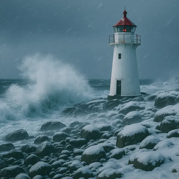 Discover a puzzle with a solitary lighthouse standing on snow-dusted rocks as stormy waves crash around it.