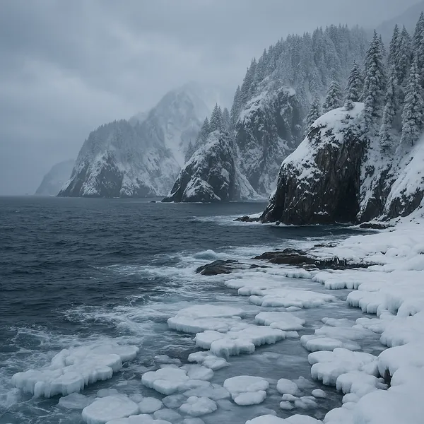 Enjoy an online jigsaw puzzle designed for browser play, featuring a wintry coastal landscape in the heart of nature.
