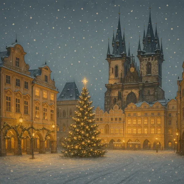 Discover a puzzle with a snowy European town square at twilight, where golden lamplight and warm window glows surround a beautifully lit Christmas tree beneath