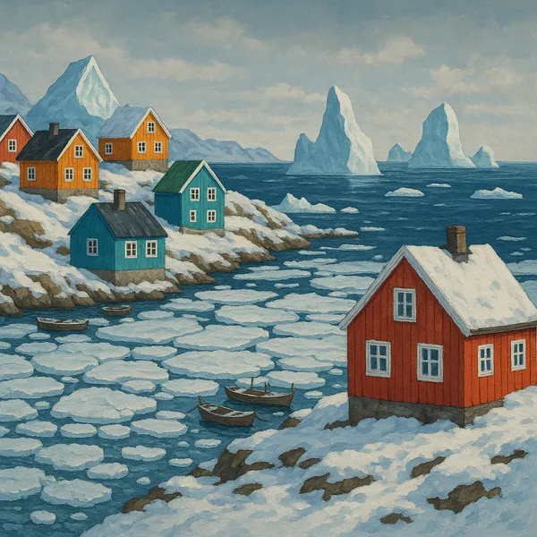Discover a puzzle with a cozy winter village by an icy sea, where red, teal, and ochre cottages dot snow-covered rocks beneath a soft blue sky.