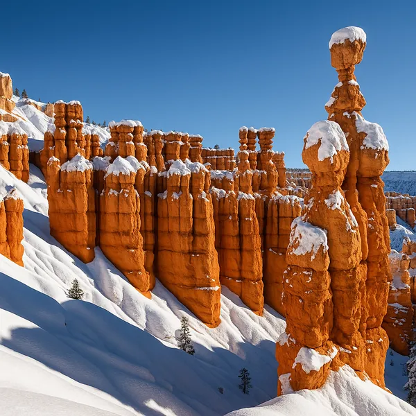 This online jigsaw puzzle features a striking natural landscape of orange hoodoos dusted with fresh snow, playable right in your browser.
