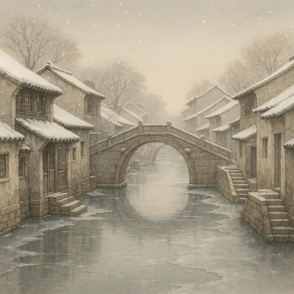 Discover a puzzle with a serene snowy canal scene featuring a graceful stone arch bridge framed by rows of traditional riverside houses.