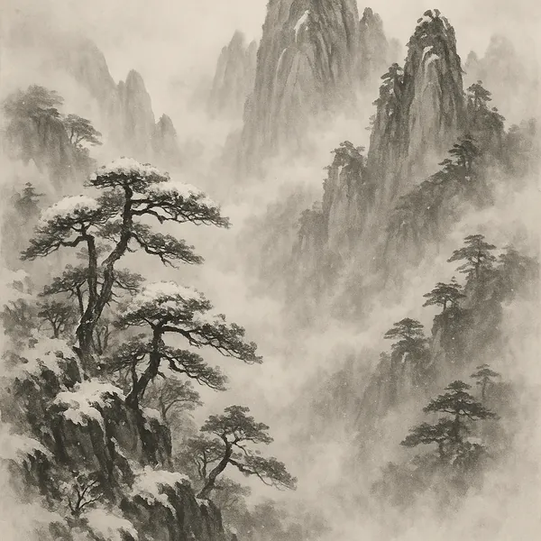 Enjoy assembling a puzzle depicting a serene ink-wash mountain landscape with windswept pine trees, craggy peaks and layers of drifting mist in soft monochrome
