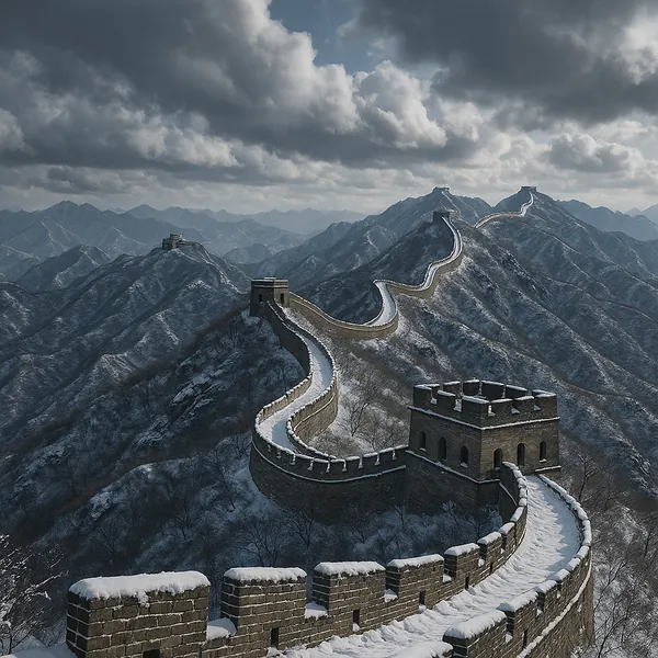 Discover a puzzle with the Great Wall winding through snow-dusted mountains under a dramatic, cloud-filled sky.