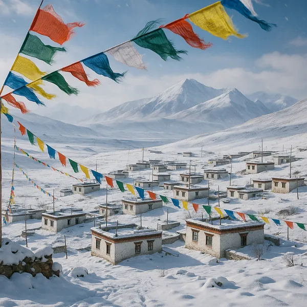 Enjoy assembling a puzzle depicting a tranquil snow‑covered mountain village dotted with low, flat‑roofed houses and colorful prayer flags fluttering across a c