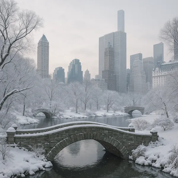 Discover a puzzle with a peaceful winter scene of a snow-blanketed park and graceful stone bridges spanning a glassy river, set against a muted city skyline.