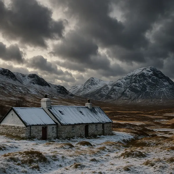 Discover a puzzle with a lone stone cottage nestled in a frosty, windswept valley beneath towering, snow-dusted mountains and a dramatic, cloud-filled sky.